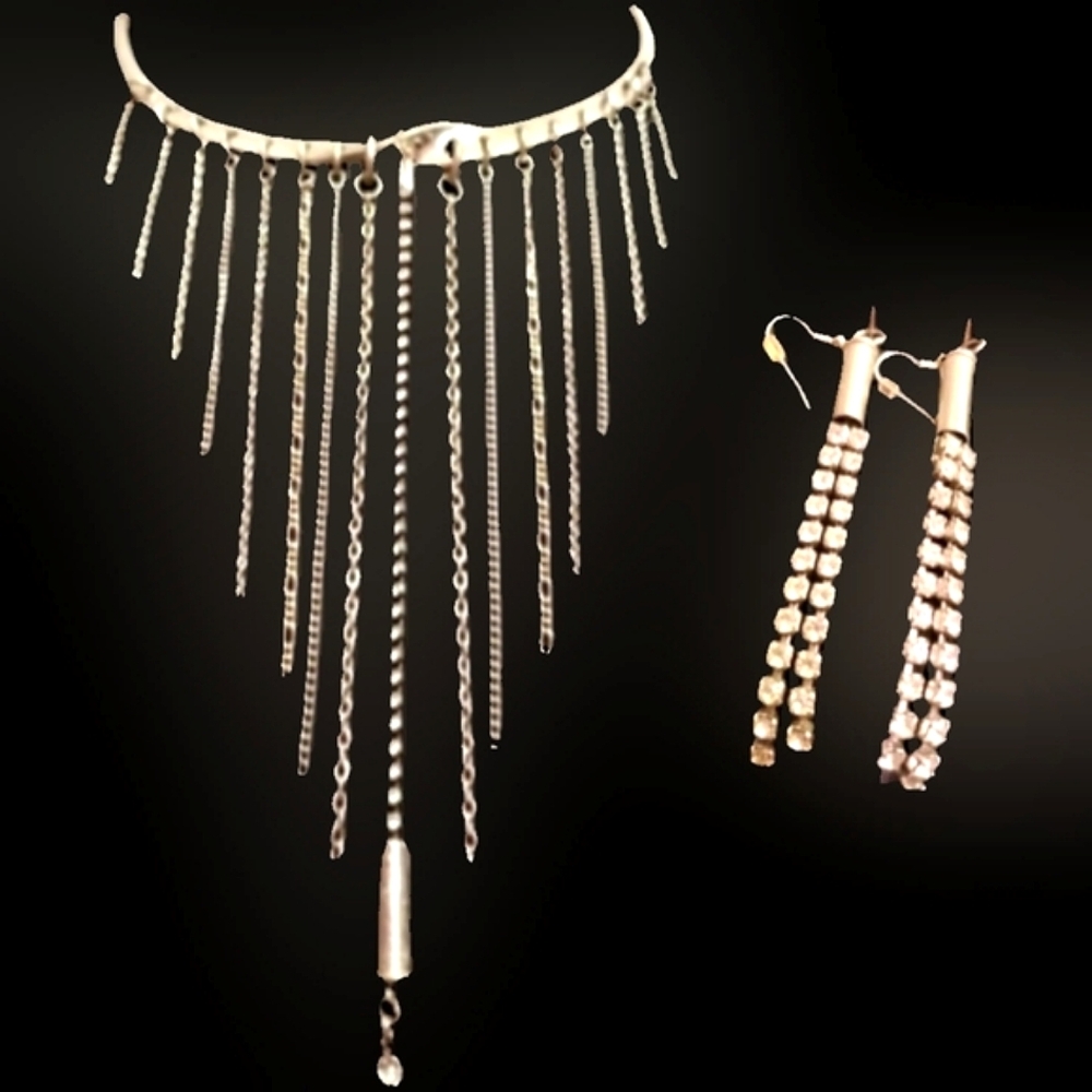 Vtg 70s silver choker 22 bullet casings & chains cz diamond jewelry set NWT